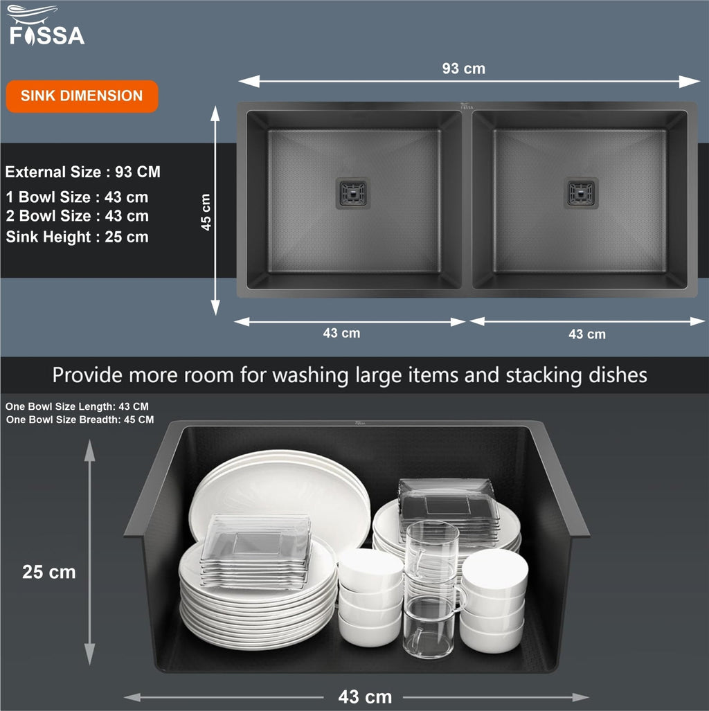 Fossa 37"x18"x10" Inch Double Bowl 304 Grade Honeycomb Embossed Kitchen Sink with Nano Coating (Black )